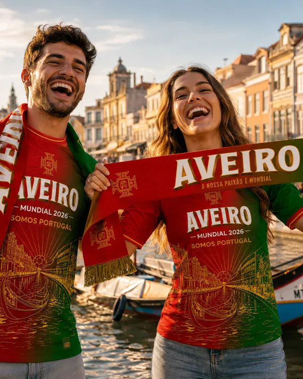 Fans wearing the official Fan Zone Aveiro 2026 shirt and scarf by the Aveiro canals